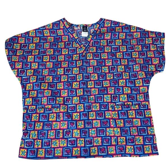 Barco Womens Scrub Top Size Large Hearts Flowers Colorful Vet Tech Medical - Picture 1 of 4